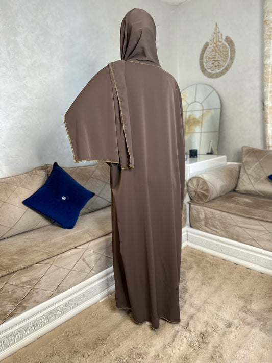 Abaya voile intégré soie de médine marron